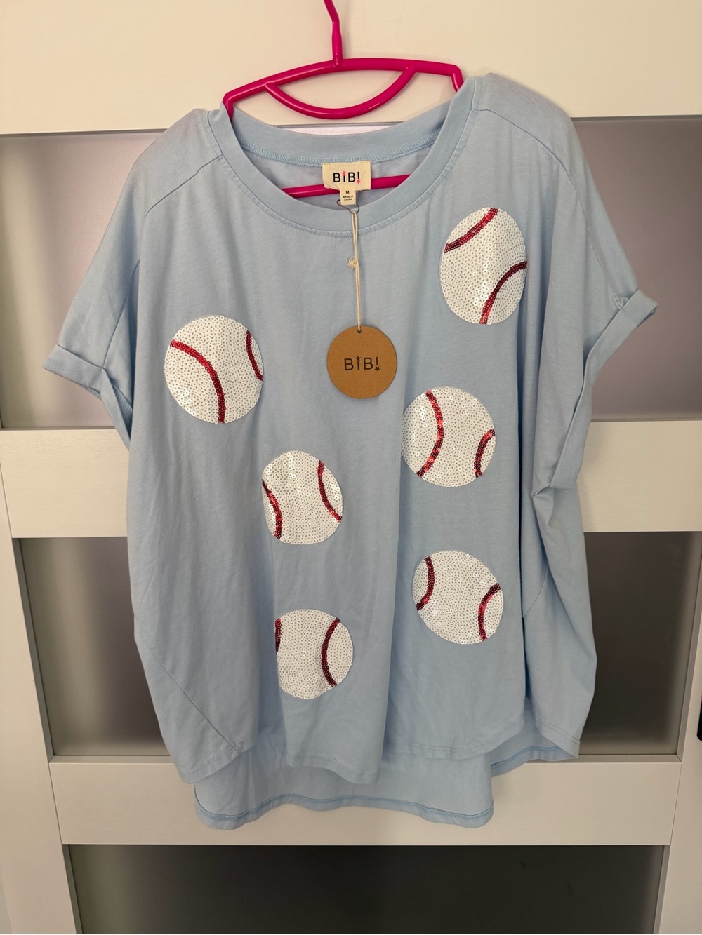 BiBi Light Blue Short-Sleeve Tee with Sequin Baseball Appliqués